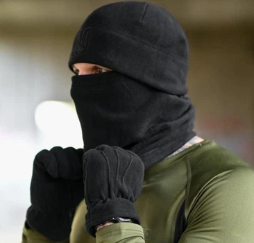Військова шапка чоловіча зимова на флісі з бафом та рукавичками універсального розміру чорний