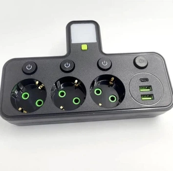 Мережевий фільтр трійник на 3 розетки, 2 USB виходи + Type C з підсвічуванням та захистом побутової техніки та гаджетів від перепадів напруги Чорний