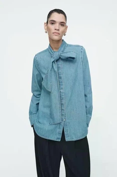 Джинсова жіноча блуза COS neck-tie denim blouse 1250532001 36 Блакитний