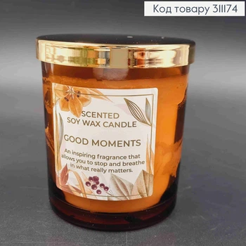 Аромасвічка СОЕВА в стакані "Good Moments", з кришкою та дерев'яним гнотом, 220г/35год, BARTEK