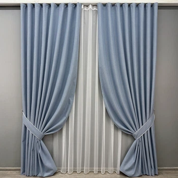Комплект штор VR-Textil 100% блэкаут ASHEN NIGHT 150х270 2шт и Тюль 400х270 1839ш-1153т голубой с белым 71-069/3