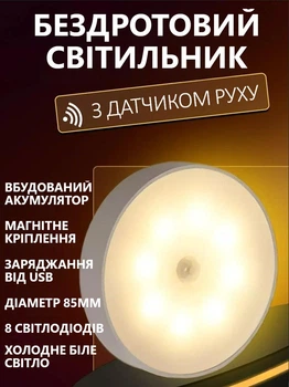 LED Ночник светильник с датчиком движения (Холодный белый свет) — USB заряжается, для кухни, шкафа, лестницы, беспроводной, Белый