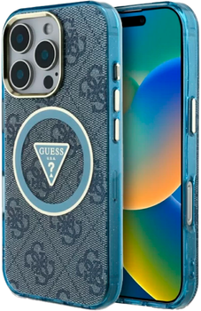 Панель Guess IML Metal Glitter 4G Circle Triangle MagSafe для Apple iPhone 16 Pro Max Blue (3666339430399)