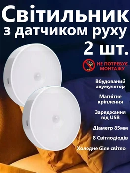 LED Нічник світильник 2 штуки в наборі з датчиком руху (Холодне біле світло) — USB заряджається, для кухні, шафи, сходів, бездротовий, Білий