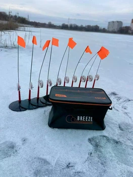 Зимние жерлицы Breeze №1 - 10 шт, морозостойкая основа 195 мм, катушка 75 мм, флажок 65 см, леска 15 м, тройник №6, тяжесть - 6гр, поводок + сумка EVA 45см Черная
