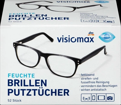 Вологі серветки Visiomax Brillenputztucher для протирання окулярів, екранів телефону, планшета, ноутбука, монітора комп'ютера, об'єктива фотоапарата, 52 шт