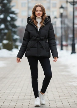 Куртка женская однотоннная осень-зима с поясом G&N Черная 19167 L-XL (на укр 48-50)