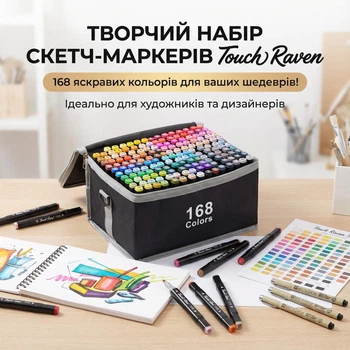 Набор маркеров двусторонних для рисования скетчинга Touch Raven 168 шт комплект детские цветные двусторонние скетч фломастеры на спиртовой основе в тканевом чехле футляре