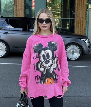 Лонгслів рванка з міккі маус зі швами оверсайз onesize рожевий S/2XL 42-54 з мультяшним принтом Мікі Mickey Mouse