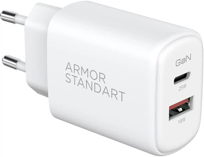 Сетевое зарядное устройство ArmorStandart Poweraze 25W GaN Type-C + USB-A White (ARM87067)