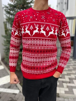 Свитер Deer унисекс батал новогодний с орнаментом шерстяной 4XL красный (26577)