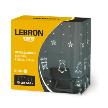Гірлянда LED штора 3м*0.7м ялинка дзвінок олень 138LED біла Lebron (15-18-92)
