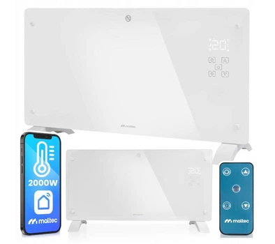 Конвекторний обігрівач зі скляною панеллю Maltec CH7000DWB 2000 Вт ECO LED Wi-Fi пульт дистанційного керування Білий