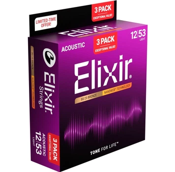 Струни для акустичної гітари Elixir 3 Pack 16539 Nanoweb 80/20 Bronze Light 12/53