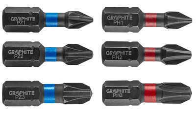 Біти GRAPHITE, набір 6шт, 1/4", ударні, PH,PZ, 25мм, сталь S2 (00124163)