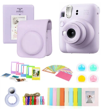 Подарунковий набір камера миттєвого друку Fujifilm Instax Mini 12 Lilac Purple / Чохол фіолетовий / Фотоальбом на 64 знімки/ комплект аксесуарів (рамки, лінзи)