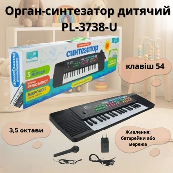 Детский синтезатор-орган PL-3738-U на 54 клавиши (3,5 октавы) с микрофоном, записью и воспроизведением, питание от батареек и сети