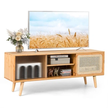 Бамбуковая TV-тумба с ротанговыми дверцами, 120,5×31×45,5 см, цвет: коричневый Costway