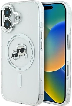 Etui plecki Karl Lagerfeld IML Metal Karl&Choupette Head MagSafe do iPhone 16 Plus White (KLHMP16LHLSKCH)