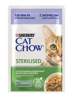 Упаковка вологого корму Purina Cat Chow Sterilised для стерилізованих котів з ягнятком та зеленою квасолею (шматочки в желе) 85 г x 26 шт