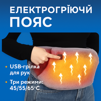 Электропояс с подогревом USB (105×20 см) Графеновый нагрев 3 режима (до 65°C) Портативный Теплый бархат Серый
