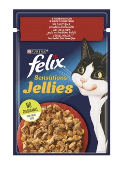 Упаковка вологого корму Purina Felix Sensations для котів з яловичиною та томатами (шматочки в желе) 85 г x 26 шт