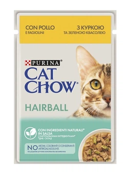 Упаковка вологого корму Purina Cat Chow Hairball для котів з куркою та зеленою квасолею (шматочки в желе) 85 г x 26 шт