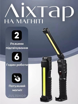 Кемпінговий ліхтар складний 1 USB прожектор ручний з магнітом та гаком Чорний