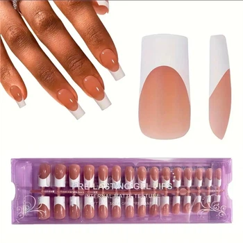 Гелеві тіпси для нарощування з французьким манікюром Soft Gel матові Квадрат L 150 шт бежеві з білим френчем (416)