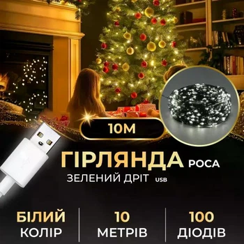 Гірлянда Роса 100 LED 10 метра артикул зелений дріт USB100L10MGW