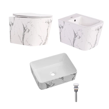 Комплект Qtap Tern Marble 3 в 1: унитаз подвесной Ultra Quiet + биде подвесное + раковина накладная QTTERMR49164