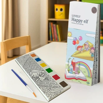 Альбом для раскрашивания с акварельными красками "Happy elf" раскраска с кисточкой для творчества 5132170