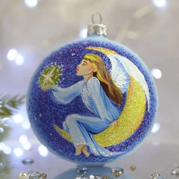 Ялинкова іграшка новорічна куля Santa Shop Янгол на місяці Блакитний 10 см (4820001106756)