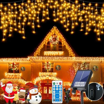 LED гирлянда Бахрома для улицы 55 м штора для дома сосульные уличная с солнечной панелью и пультом прозрачная рождественские огне