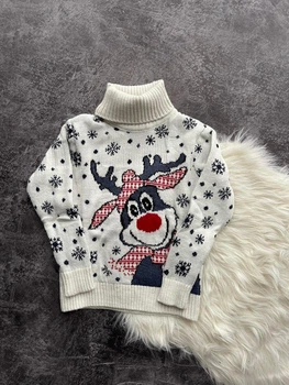 Светр дитячий Snowy deer теплий з високим горлом 9-10 років 134-140 зріст білий (26594)