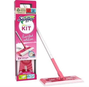 Швабра +8 шт сухих + 3шт влажных салфеток для сухой и влажной уборки Swiffer Kit Mop Pink Limited Edition