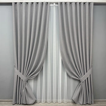 Комплект штор VR-Textil 100% блэкаут ASHEN NIGHT 200х270 2шт и Тюль 600х270 1840ш-1153т светло-серый с белым 71-087/7