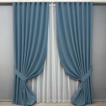 Комплект штор VR-Textil 100% блэкаут ASHEN NIGHT 150х270 2шт и Тюль 400х270 1852ш-1153т синий с белым 71-093/3