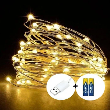 Гирлянда нить Роса 30 LED 3м на батарейках + USB Желтая