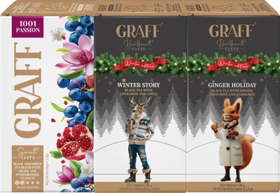 Асорті&nbsp;святкових&nbsp;чаїв Graff&nbsp;1001&nbsp;Пристрасть + Зимова&nbsp;Історія +&nbsp;Імбирне&nbsp;Свято 60 пакетиків (4820279613550)