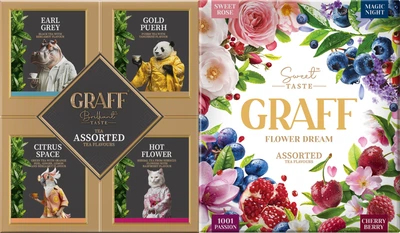 Набір чаю Graff&nbsp;2 Асорті&nbsp;чайних&nbsp;смаків&nbsp;Байховий + Flower Dream 64 пакетики (4820279613574)