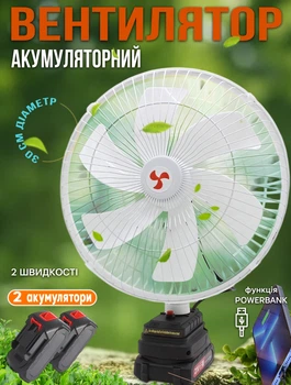 Вентилятор настольный аккумуляторный с двумя АКБ Megatop 12" 21V 2 скорости, функция Powerbank
