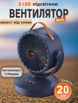 Вентилятор настольный Magix Mini fan 20см диаметр, 3 скорости с автоповоротом и LED подсветкой Синий