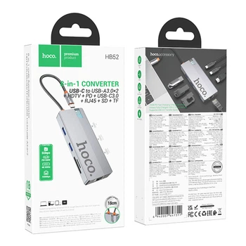 Хаб USB Hoco HB52 Type-C 8-in-1 (HDTV+RJ45-100Mbps+SD/TF+PD+Type-C3.0+USB3.0*2) Колір Сірий