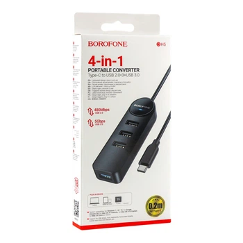 Хаб USB Borofone DH5 4-in-1 (Type-C to USB3.0+USB2.0*3)(L=0.2M) Чорний