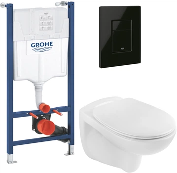 Инсталляция Grohe Rapid SL Solido 38971000 + панель смыва Even 38966KV0 черная глянцевая + унитаз подвесной Kroner Oker WHI533536 Rimless с сиденьем Soft Close дюропласт (38971966KV0KO53R)