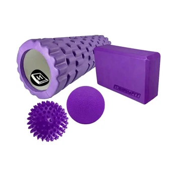 Набір для йоги: Масажний ролик (валик) EasyFit Grid Roller Mini, довжина 30 см, діаметр 10 см + Блок для йоги EasyFit EVA 23х15,5 + Масажний м'ячик EasyFit TPR 6 см + Масажний м'ячик EasyFit PVC 9 см жорсткий