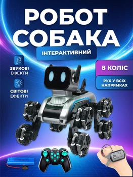 Интерактивный трюковой робот-собака на радиоуправлении, управление жестами или пульт, 8 колес, Bluetooth-управление, серый