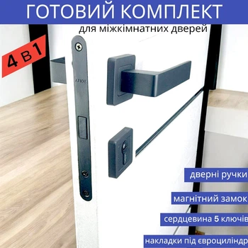 Комплект ручки для межкомнатных дверей с магнитным замком и сердцевиной в чёрном цвете TRION FLASH AL-74 Black