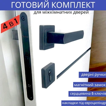 Комплект ручки для межкомнатных дверей с магнитным замком и цилиндром в чёрном цвете TRION LIBERA AL-74 Black